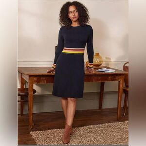 Boden Stripe Waist Knitted Sweater Dress Navy Blue Long Sleeve Stretch Sz 12